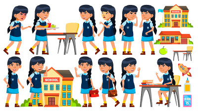 Asian Girl Vector. Primary School Child. Animation