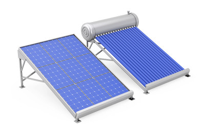太阳能热水器与太阳能电池板。3d渲染