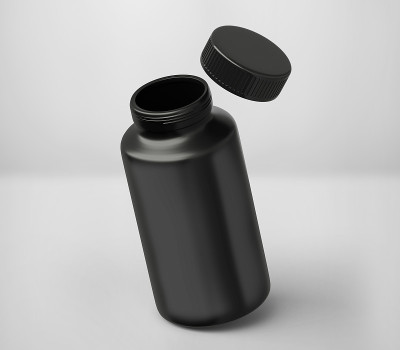 黑色马特塑料瓶模型的药物，药片，药丸，现实包装盒模板3d渲染隔离在光的背景。