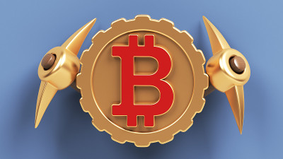 红色的比特币符号，金色的鹤嘴锄和金币。