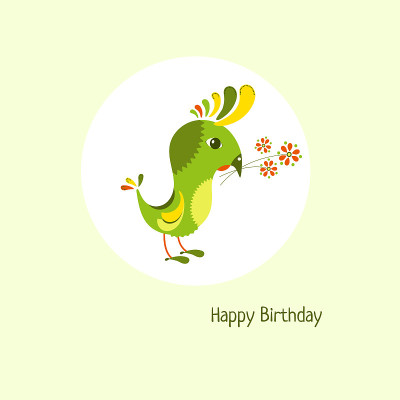 Cartoon birthday card with cute bird and bouquet
