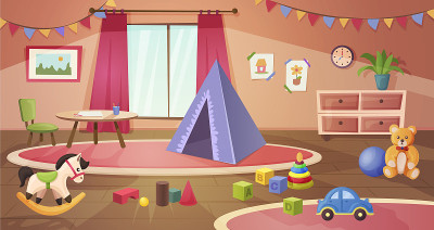 舒适的儿童房，有玩具和家具。幼儿园儿童公寓