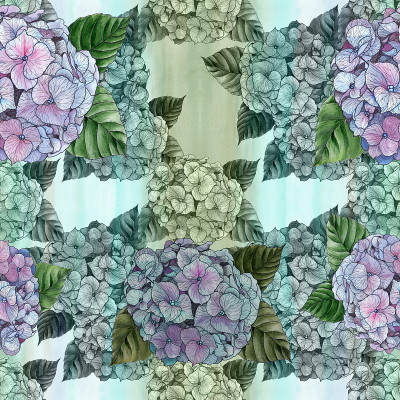 绣球花的花和叶子-水彩。无缝模式。使用印刷材料、标志、物品、网站、地图、海报、明信片、包装。