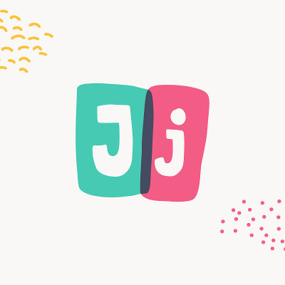 J字母打字机灵感的标志与粗体平板衬线字母在五颜六色的框架。