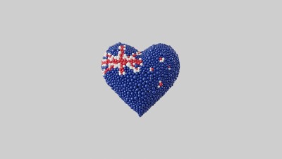 Waitangi一天。2月6日新西兰国庆日白色背景上闪亮的球做成的心形。