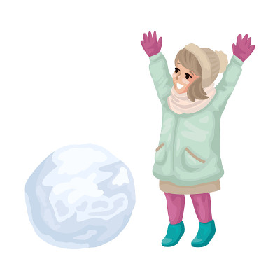 快乐的小女孩正在堆雪球。矢量图