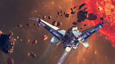 在其他星系的系外行星间旅行的宇宙飞船。太空中的小行星和碎片