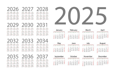 English calendar for years 2025-2037, week starts 