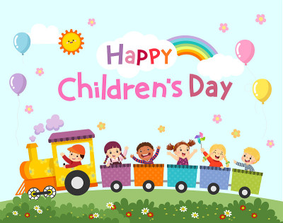 快乐Childrenâ日向量背景与快乐的孩子上火车。
