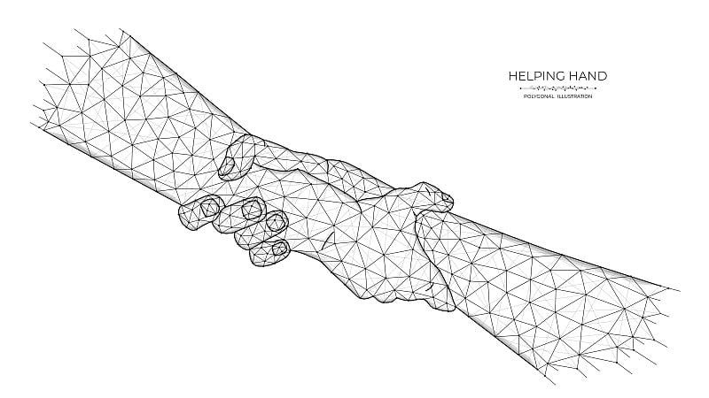 助手低聚艺术。多边形插图的人手互相握住。