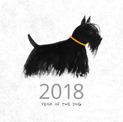 以宣纸为背景的狗狗贺年卡。2018年的象征。传统的东方水墨画粟娥、月仙、围棋。黄项圈的苏格兰梗。