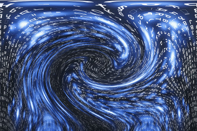 蓝色矩阵数字背景。扭曲的网络空间的概念。人物落入虫洞。入侵矩阵。虚拟现实设计。复杂的算法数据黑客。青