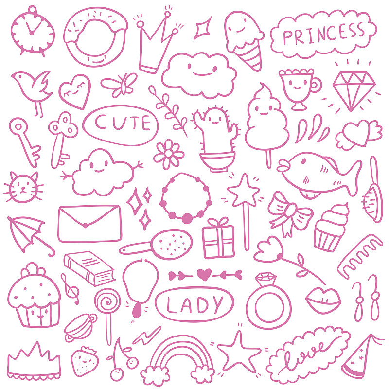 Vector illustration set of pink doodle icons. Them