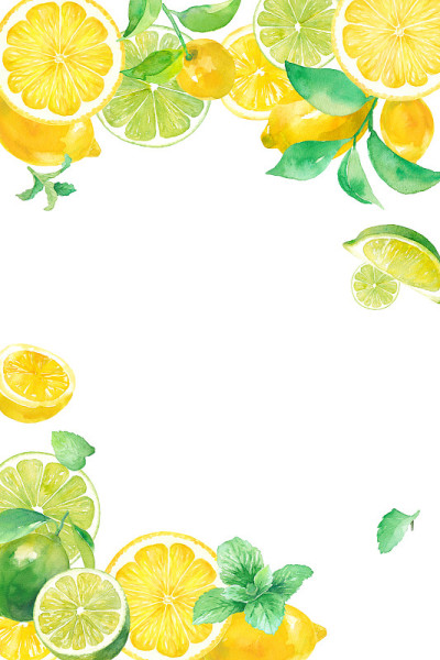 清新的柑橘和薄荷水彩画插图。柠檬和酸橙的立式框架设计。