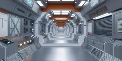 3 d渲染。未来太空飞船走廊室内设计