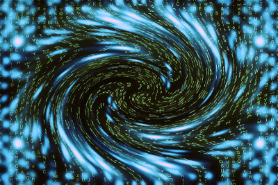 蓝绿色矩阵数字背景。扭曲的网络空间的概念。绿色人物掉入虫洞。入侵矩阵。虚拟现实设计。复杂的算法数据黑