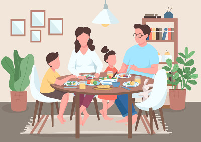 家庭餐平面彩色矢量插图。妈妈和爸爸和孩子们一起吃饭。孩子与父母共进晚餐。亲戚2D卡通人物与室内背景