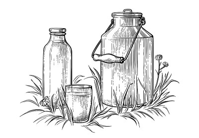 健康早餐画素描玻璃牛奶瓶铁罐杯子矢量