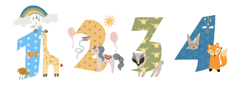 可爱的孩子和动物周年纪念数字。生日快乐贺卡。矢量手绘模板的孩子的生日派对与可爱的长颈鹿，狐狸，独角兽