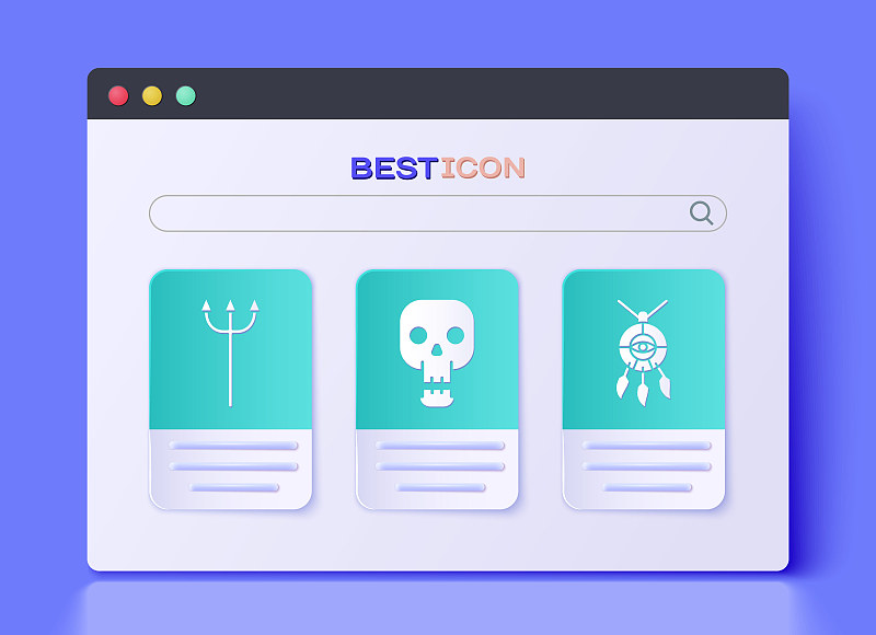 设置骷髅，海王星三叉戟和捕梦网羽毛图标。向量