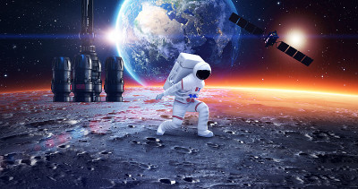 宇航员在星球上跳舞。移动和手势。