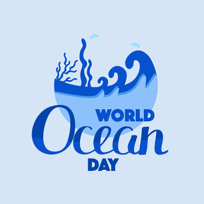 世界海洋日。横幅假日向量。水下世界，鱼，藻类，章鱼，珊瑚。
