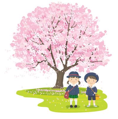 幼儿园小朋友面前的樱花树盛开着