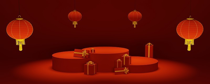 中国新年概念，红色背景全景与红色礼品和金色丝带，圆柱体底座在中间和中国灯笼，复制空间中国新年礼品卡