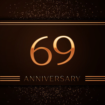现实的69周年庆祝标志类型。金色的数字和金色的五彩纸屑在棕色的背景上。彩色矢量模板元素为您的生日派对