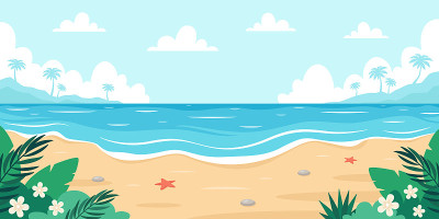 海滩的风景。海边有海星、棕榈树、海卵石和热带植物。矢量图