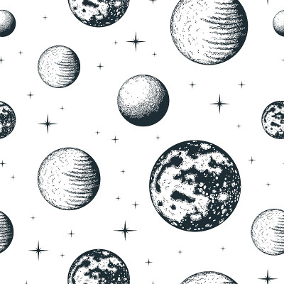 天体行星的无缝模式。星系背景与星星和月亮。矢量隔离空间纹理。