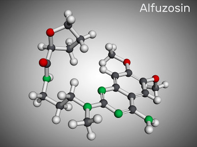 Alfuzosin分子。它是抗肿瘤药物，抗高血压药物，α -肾上腺素能拮抗剂。分子模型。三维渲染