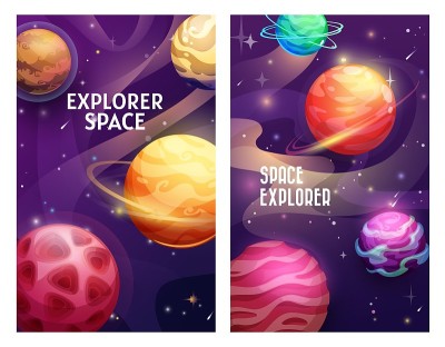 太空探险家的横幅，卡通行星和恒星