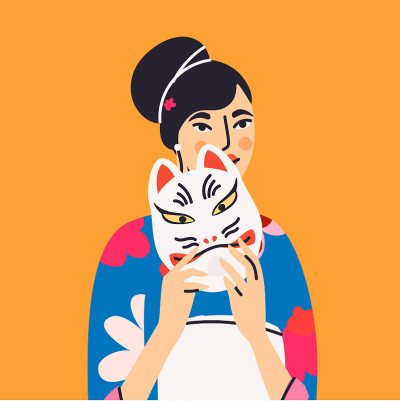 可爱的女性角色与狐猴面具平面卡通插图。