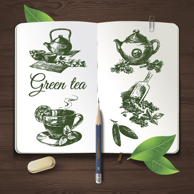 手绘素描茶具。矢量身份设置在木制背景