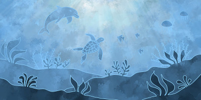 水彩画的水下世界在蓝色与海豚，海龟，鱼，水母