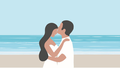 爱的夫妇接吻和拥抱在沙滩上的夏天背景矢量插图