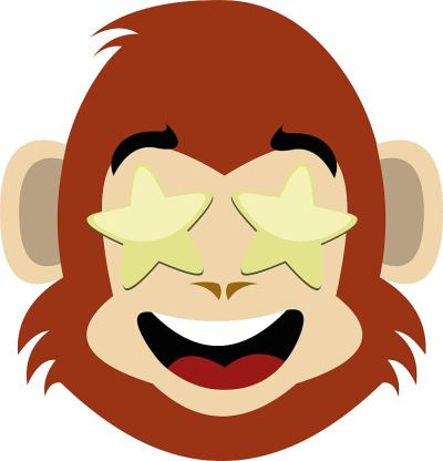 矢量emoticon插图卡通猴的头有一个快乐的表情，与星星在明亮的眼睛