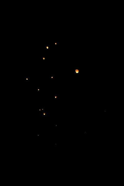 在平溪节的夜空中飘着灯笼，中文文字是对新年钱的祝愿