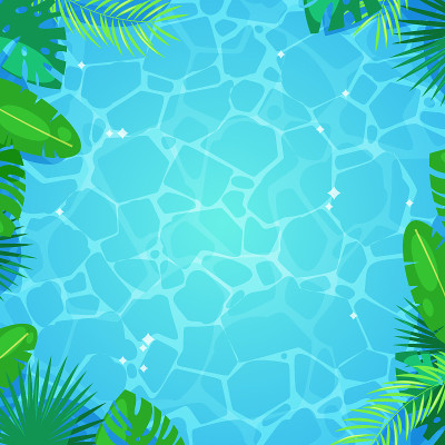 热带棕榈叶和蓝色的水纹理背景。带有文本位置的矢量框架。夏天的卡通插图。