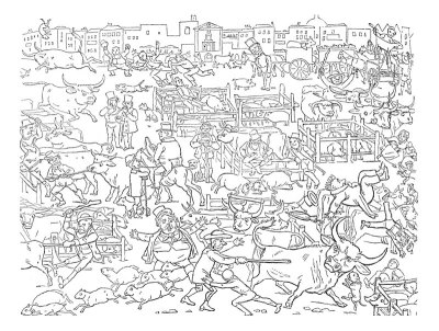 英国讽刺漫画漫画插图一群人和动物在牛市场