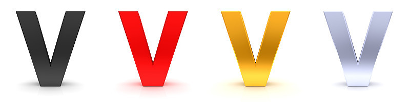 V字母符号黑红色金银色字母文本大写字母3d渲染在白色背景