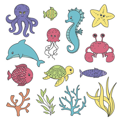 矢量可爱的手绘海洋生物