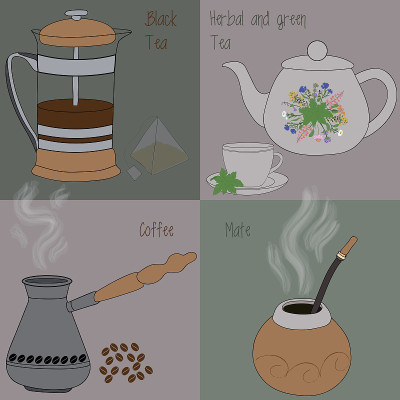 集茶和咖啡，绿茶和花草茶，红茶，伴侣，咖啡