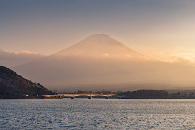 川口町湖和日落中的富士山