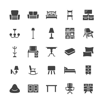 家具矢量平面字形图标。客厅电视架，卧室，家庭灯具，摇椅，沙发，床上用品，餐桌，床，书架。内部存储迹象