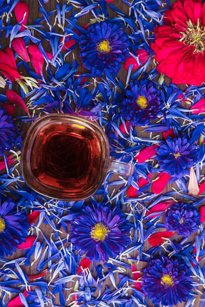 背景杯，红茶和蓝色花朵