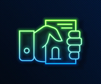 Glowing neon line Death certificate in hand icon i