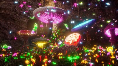 神秘的洞穴里有神奇的发光蘑菇。神奇神秘蘑菇的概念。3 d渲染。