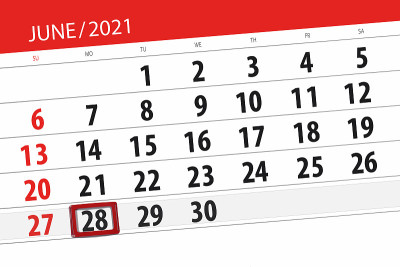 2021年6月的日历计划，截止日期，28日，周一